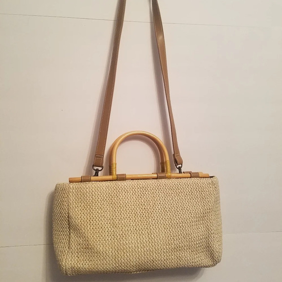 Fossil bamboo wooden handle basket weave  satchel purse 76082 - Picture 1 of 8